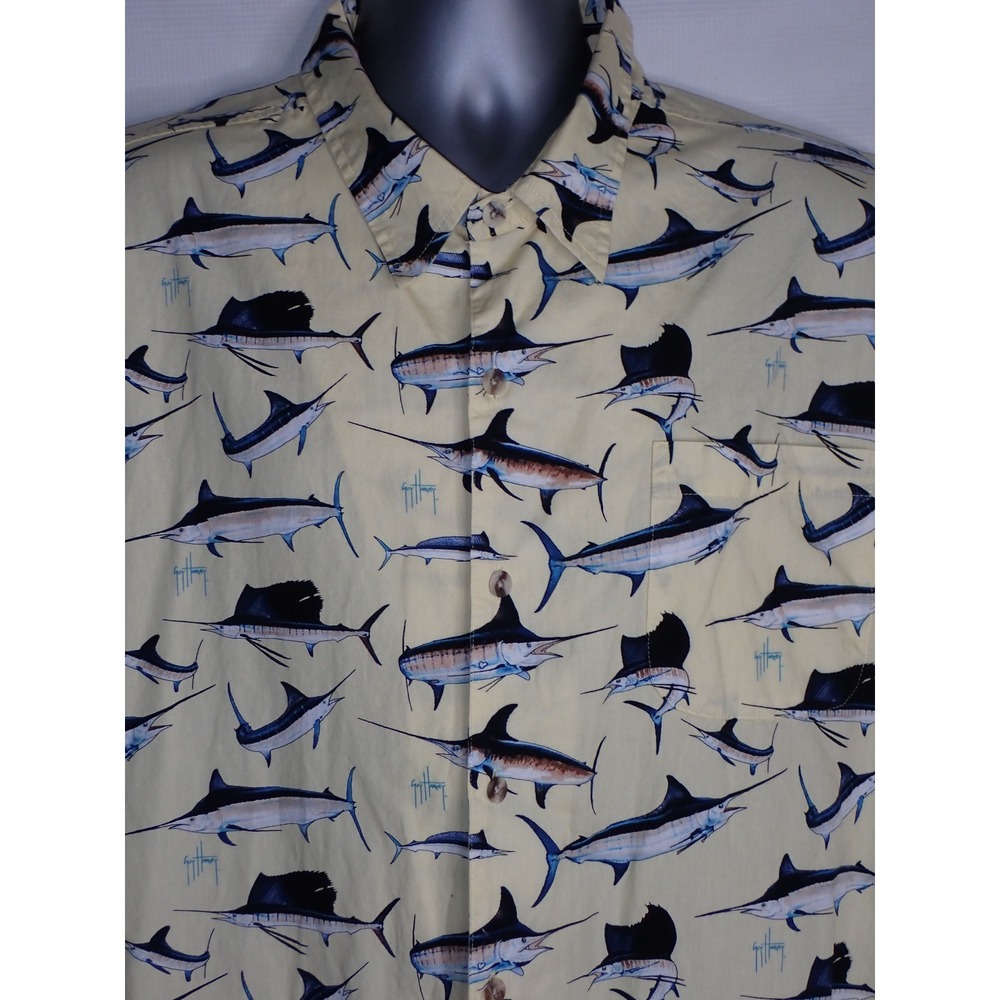 Guy Harvey Men's Marlin Sailfish All Over Print Button Down Shirt Yellow XL - Picture 3 of 4